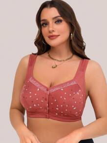 4 Peças Sutiã com Estampa Floral e Botões na Frente, Sutiã Sem Arame Macio e Elegante, Roupa Íntima Feminina