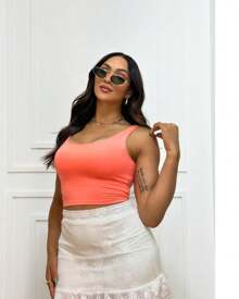 Cropped Tank Top With Thick Supplex Straps - Coral Pink - View 2