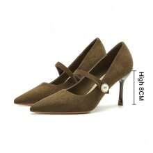 Pearl High Heels Solid Color Suede Pointed Stiletto High Heels Single Shoes - 棕色 - 查看 3