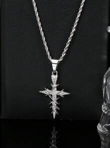LIGHTSOME 1pc Iced Out Rhinestone Thorn Cross Pendant With Stainless Steel Twist Chain For Men Hip Hop Street Cross Pendant With Rope Chain Jewelry Gift For Couple