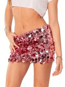 Women Wrapped Half Dress, Sequined Summer Spring Fall Dance Street Club Party Short Skirt - 粉色 - 查看 4
