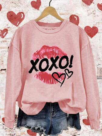 Valentine's Day Lips & Heart Print Women's Round Neck Long Sleeve Casual Hoodless Sweatshirt Autumn And Winter,Chinese New Year, Lunar New Year, Year Of The Year Of The Horse, Spring Festival,Happy New Year , Valentine's Day, Valentine's Gift, Valentine's Day Gift For Her, Valentine's Present