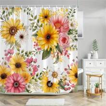 1pc Watercolor Floral Print Shower Curtain, Sunflower Yellow Daisy Flower Shower Curtain, Polyester Fabric Washable Bathroom Curtains, Bathroom Decor With Hooks, Bathroom Accessories Fall Decor Back To School