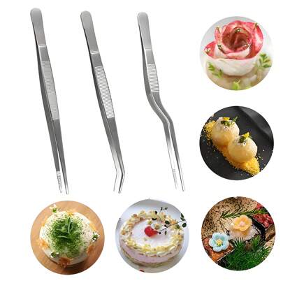 3 Pieces Set Kitchen Cooking Tweezers , Stainless Steel Precision Tongs Offset Tip For Cooking (6.3-Inch)