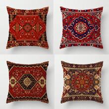4 Stücke Kissenbezüge mit Stammes-Rot-Schwarz-Blumenmuster wie Teppich, Wurfkissenbezüge im Landhausstil für Sofa und Couch