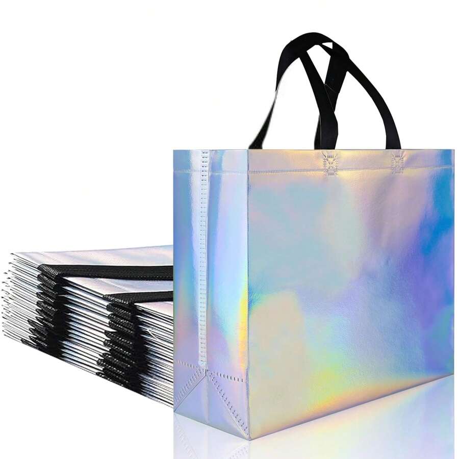 10 个闪亮彩虹全息礼品袋，适合生日和婚礼，大号 13 英寸 X 5 英寸 X 11 英寸可重复使用礼品袋，适合派对，适合复活节庆祝活动，适用于所有场合和活动