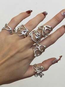 6pcs Punk Hollow Geometric Thorn Metal Ring Set, Suitable For Men & Women Daily Or Party Wear, Stackable Rings - Silver - View 1