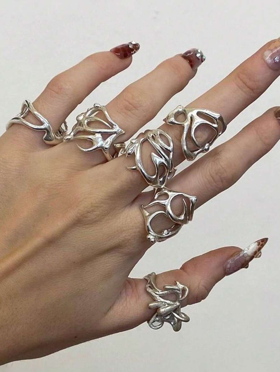 6pcs Punk Hollow Geometric Thorn Metal Ring Set, Suitable For Men & Women Daily Or Party Wear, Stackable Rings - Silver - View 1