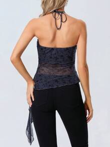 Women's Halter Tops Slim Fit See Through Sleeveless Backless Irregular Hem Flower Print Crop Tops For Summer - Black - View 9