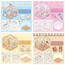 3D Capybara And Bear Cartoon House Landscaping Sticker Set, DIY Scene To Make Your Own Food Court | Cozy House | Supermarket | Bookstore, Fun And Cute Korean Cartoon Scene Stickers, Suitable For Adults And Teenagers To Relieve Stress And Kill Time, Christmas Gift For Girls