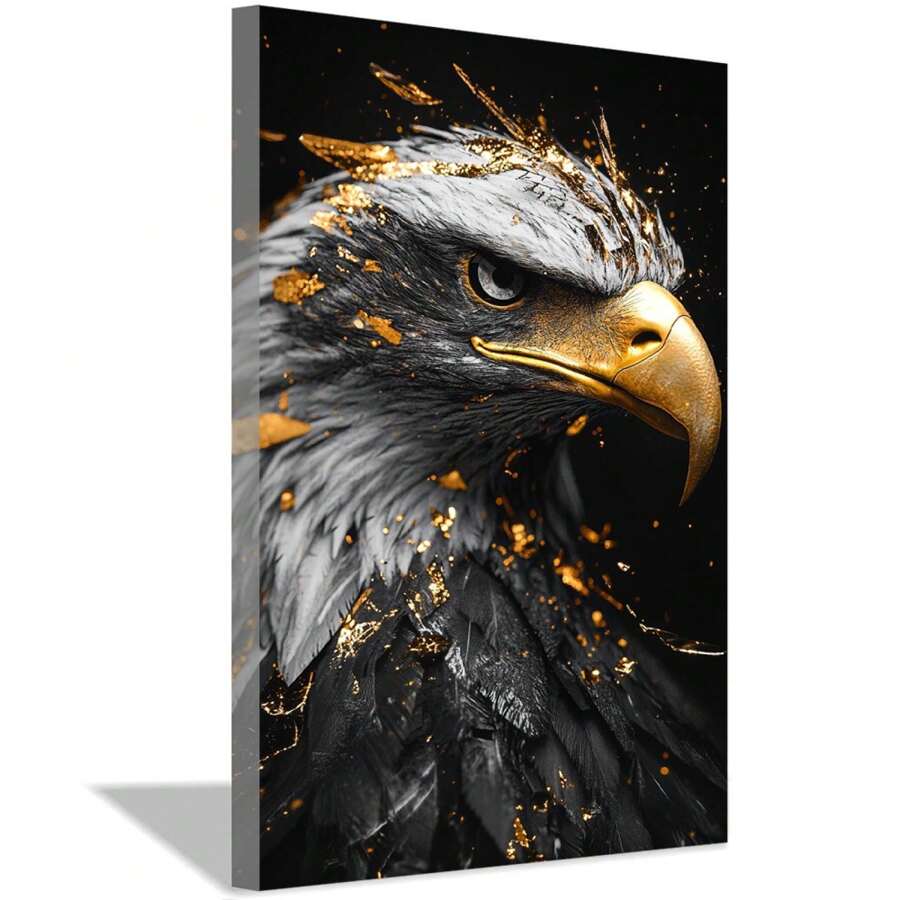 Lienzo de águila para pared, arte de pared negro y dorado, decoración de pared de animales, ojo dorado, imagen de águila fresca, obra de arte impresa para decoración de sala de estar, dormitorio, enmarcada y lista para colgar. - Dorado - Ver 1