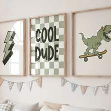 3 PIEZAS Pósteres de decoración de Skateboard con Tiranosaurio Rex, en verde y blanco con decoración de animales de dibujos animados, arte de pared para decoración de habitación infantil y dormitorio, con opción de marco - multicolor - Ver 15