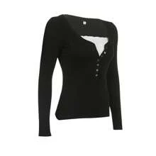 Blusas de manga larga para mujer, blusas estilo túnica con botones a rayas, blusas sexis holgadas estilo Henley - Negro carbón - Ver 3