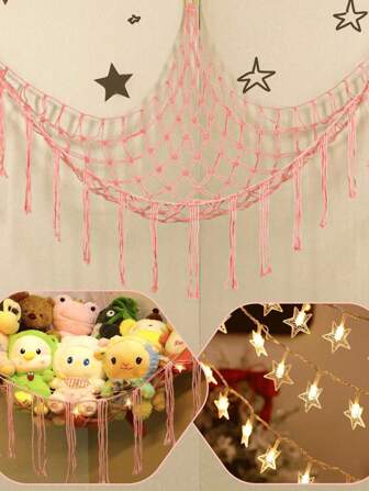 1PC-Toy Hammock Macrame Stuff Animal Storage Corner Hanging Net Holder, Mesh Hammock Plush Toy Organizer With Hooks For Bedroom, Stuffed Animal Storage Hammock Net - Toy Hammock Net For Stuffed Animals Corner - Hanging Stuff Animal Organizer Holder Large Size Room Decor, Boho Stuffed Animals Net Or Hammock Large, Thanksgiving Dolls, Dwarf, Goblin Storage Hammock Net(Pink) Decoration, Home Decor, Room Decor, Wall Decor Gifts Birthday Graduation E-I-D