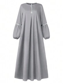 Women's Solid Color Splice Long Sleeve Casual Long Arabic Style Dress, Modest