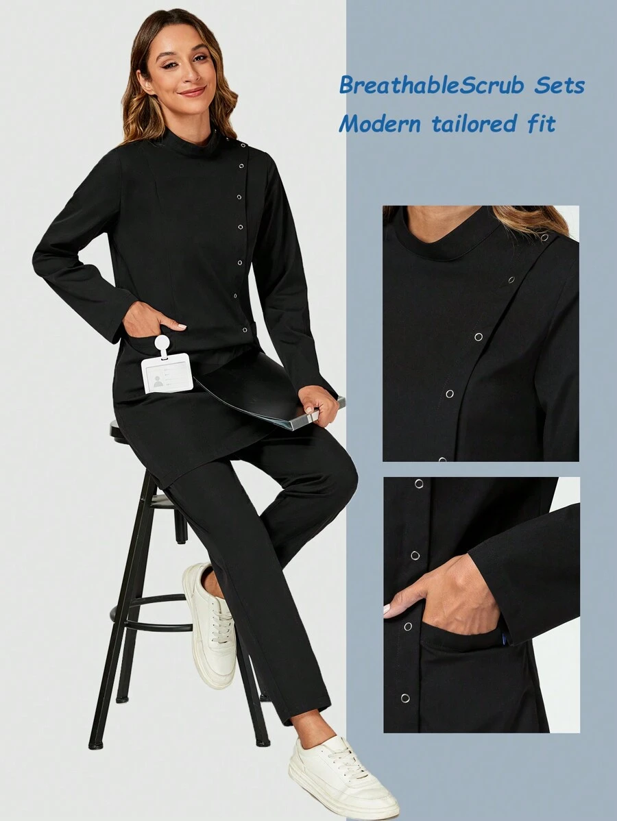 cimmuovere Stehkragen Langarm Einreiher Mehrfach-Taschen Krankenschwester Uniform