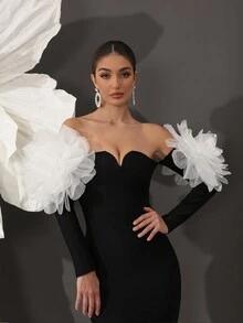 Solid Color V-Neck Bandage Bodycon Dress, Sexy Elegant Luxury Evening Gown, Fashion For Party And Banquet - Black - View 6