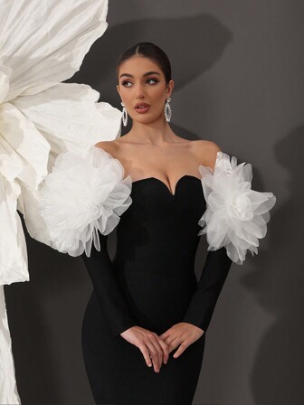 纯色 V 领绷带紧身连衣裙，性感优雅奢华晚礼服，派对和宴会时尚