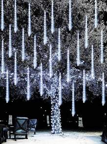 1pc Solar Outdoor Christmas Lights, Solar Rain String Lights, 8 Light Tubes 192LED Meteor Shower Lights, Rain, Snow Fall Icicle Cascade Lights For Christmas Decoration Wedding Party Lights, 2pcs/4pcs Solar Outdoor Lights, LED Decorative Solar Garden Lights