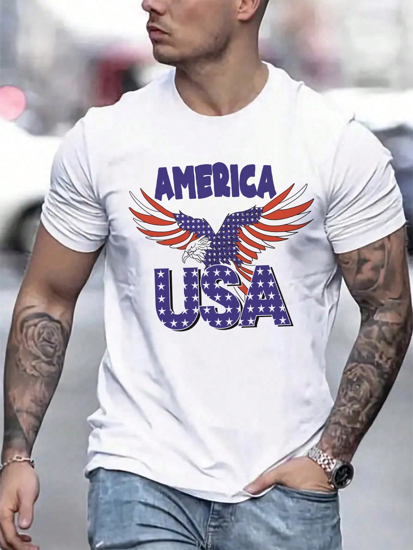 Men's Casual Letter & Eagle Print Round Neck Short Sleeve T-Shirt, Summer