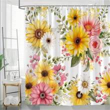 1pc Watercolor Floral Print Shower Curtain, Sunflower Yellow Daisy Flower Shower Curtain, Polyester Fabric Washable Bathroom Curtains, Bathroom Decor With Hooks, Bathroom Accessories Fall Decor Back To School