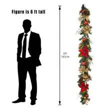 6FT Christmas Garland With Lights, Prelit Artificial Christmas Garland With Pinecone Poinsettia, Cordless Christmas Garland For Fireplace Mantel Staircase Indoor Outdoor Holiday Home Decorations
