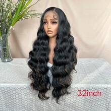 13*6 蕾丝前瑞士蕾丝波浪长发假发，32 英寸预拔中分自然黑蜜金色挑染合成假发，耐热派对日常佩戴全假发