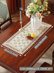 ABEST6522 Home&Living store 1pc Double Layer Fabric Lace Trimmed Table Runner, Dimensional Embroidery With Golden Thread For Kitchen, Dining, Study Tables, Home Decoration, Festivals And Parties, Indoor/Outdoor Use - Multicolor - View 7