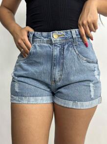 Short Mom Jeans, Plain And With Details - Baby Blue - View 5