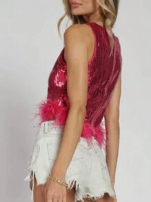 Sequin Crop Top With Feather Trim - Màu Hồng Tươi - Xem 5