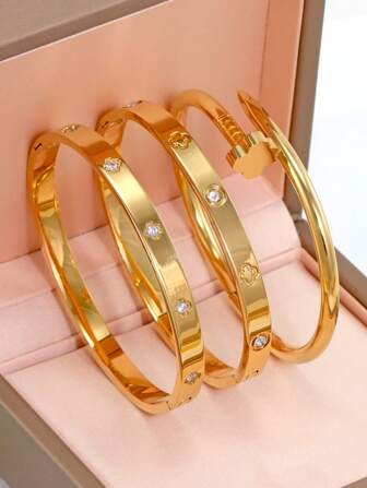 3pcs Fashion 18K Gold Plated Stainless Steel Four-Leaf Clover Nail Bracelet, Suitable For Women's Party, Daily Wear, European And American Style, Personalized, Generous, Luxury Cubic Zirconia Wristband, Wedding Jewelry Set, Gift For Girls, Women, Relatives, Friends, Beautiful Wedding, Birthday, Valentine's Day, Mom, Mother, Mother's Day, Gift
