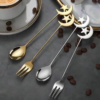 4 件套奢华不锈钢月亮和星星设计咖啡勺和甜点叉，迷你搅拌勺，餐具套装，适用于家庭、户外、酒店厨房，非常适合万圣节、感恩节、圣诞节礼物、万圣节礼物