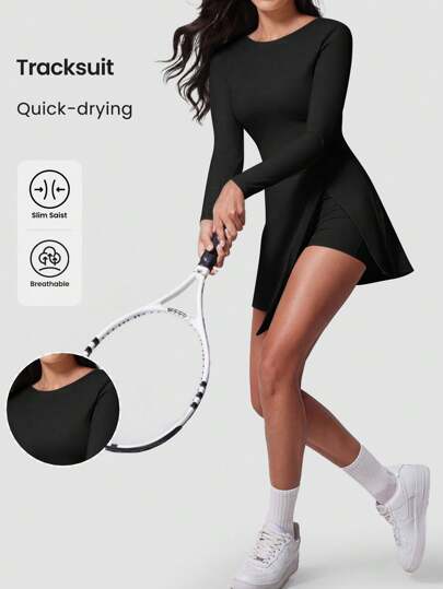 YEIFIN Sportig Dam Enfärgad 2-i-1 knytband Fram Split HemSportklänning, vår- och sommarkläder Tennisklädsel, SportLångärmad båthals Skinny Romper För Utomhussport Fotvandring Tennis Cykling Pilates Sportkläder för damer för alla säsonger Tenniskjol