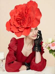 1pc Large Flower Fascinator For Women 17in Tea Party Fancy Flower Hats Headwear For Women Accessories Fashion Hairband Headwear, Party Decoration Supplies - 紅色 - 查看 1