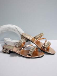 女士平底凉鞋，两穿夏季水晶亮片拖鞋，时尚户外拖鞋