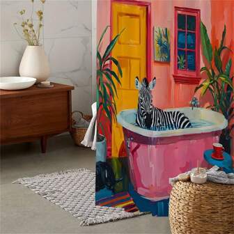 Waterbestendig polyester douchegordijn met vintage badzebra en groene plantenprint, artistiek ontwerp, machinewasbaar, inclusief 12 haken - Badaccessoire met dieren- en botanisch thema, huis, badkamerdecoratie, herfstdecoratie, badkameraccessoires, terug naar school