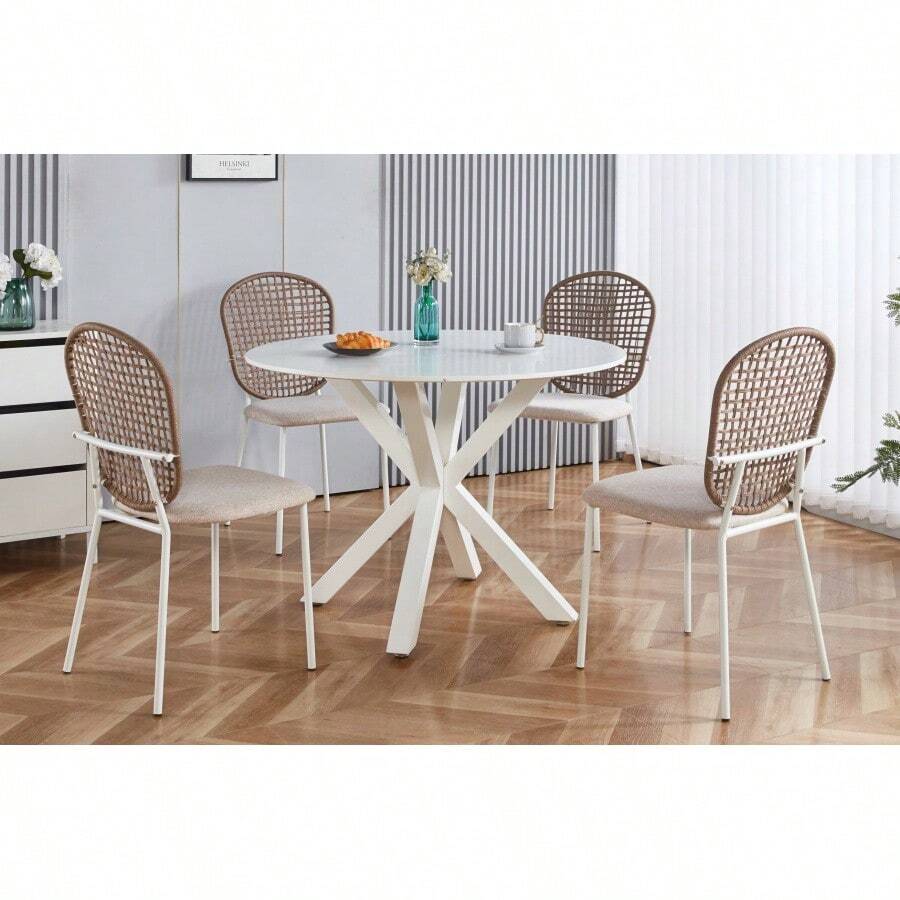 1+4 5pieces Dining Set Table Metal Leg Mid-Century Dining Table For 4-6 People With Mdf Table Top Pedestal Dining Table End Table Leisure Coffee Table