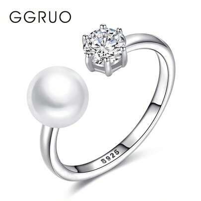 GGRUO Anello regolabile in argento 925 con perla d'acqua dolce, design elegante e di lusso, gioielli per dita da donna, accessori alla moda, adatto per occasioni quotidiane, feste e vestiti