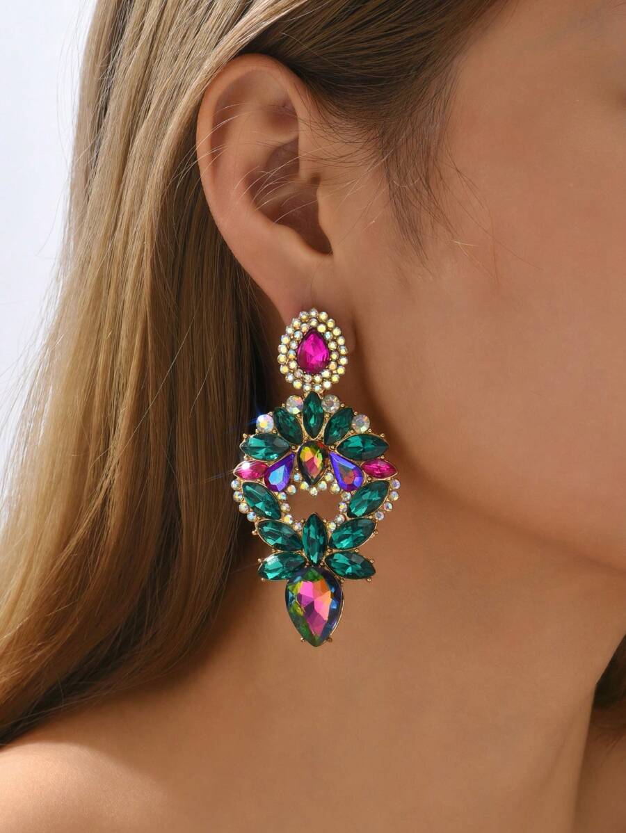 1 对复古几何空心玻璃水晶耳环，适合女性派对和宴会配饰 - 綠色 - 查看 1