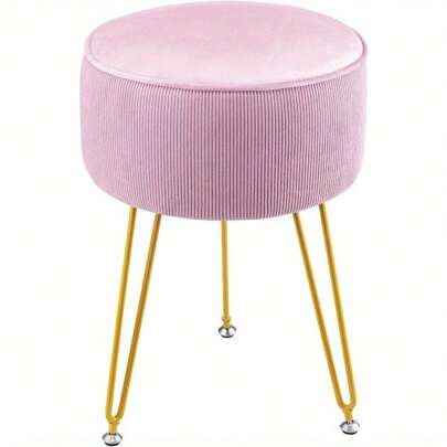 Dressing Table Stool, Round Vanity Stool, Stool Chair For Dressing Table, Makeup Stool With Gold Iron Legs For Bedroom Living Room, Pink