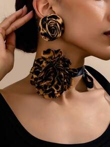 Set de 3 piezas de elegantes y encantadores pendientes, collar y joyería con estampado de leopardo y flores de rosa, adecuado para fiestas, banquetes, citas, regalo del Día de San Valentín para mujeres