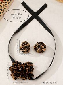 Set de 3 piezas de elegantes y encantadores pendientes, collar y joyería con estampado de leopardo y flores de rosa, adecuado para fiestas, banquetes, citas, regalo del Día de San Valentín para mujeres
