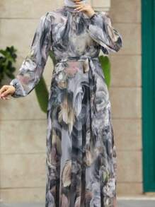 Arab Style Women Floral Tie Dye Print Stand Collar Lantern Sleeve Elegant Dress, Modest - Multicolor - View 1