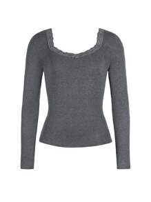 Women's Y2K Lace Crew Neck Knit Long Sleeve Top, Casual & Sexy, Suitable For Back To School Season, Autumn - 灰色 - 查看 6