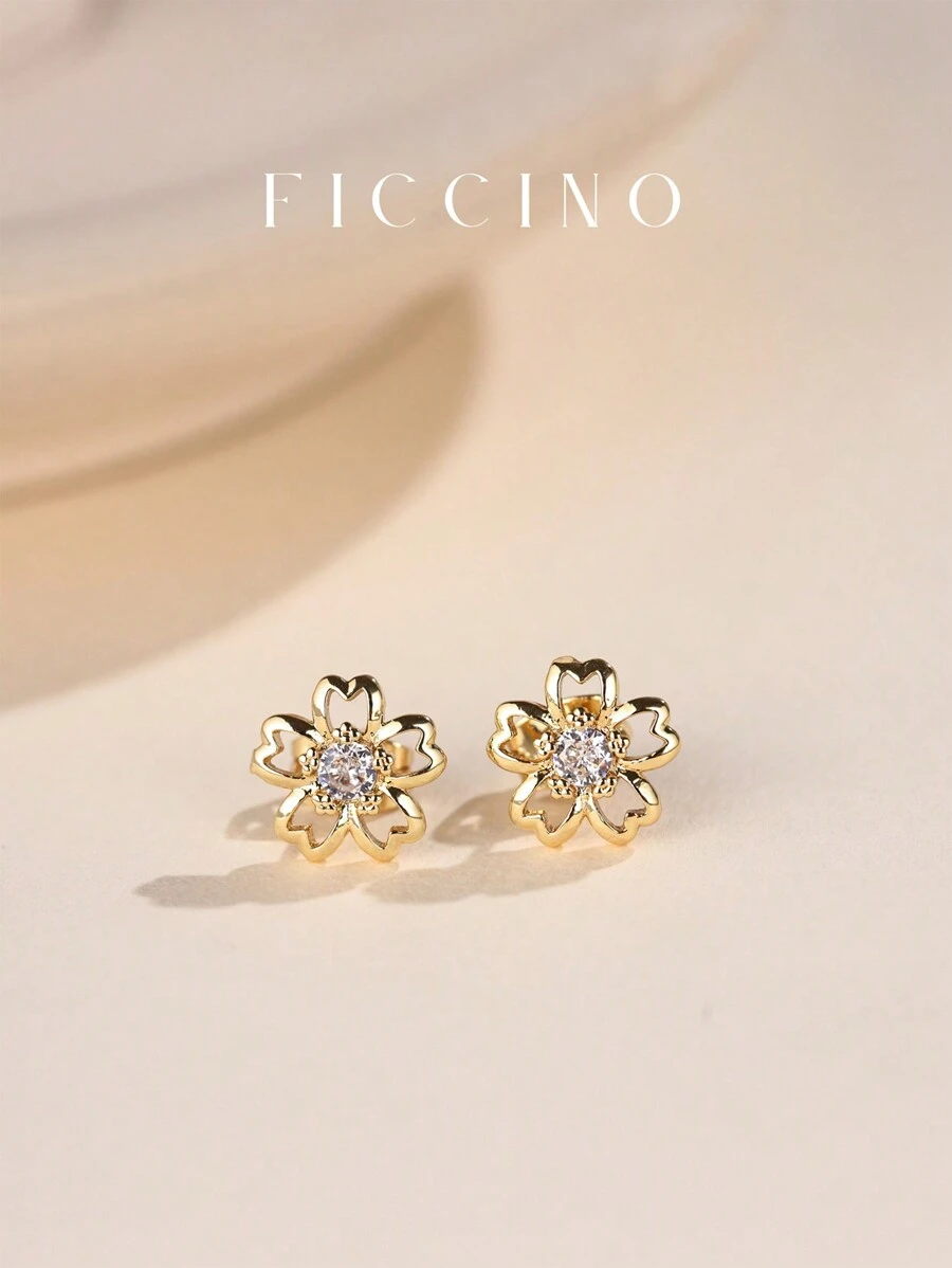 FICCINO Orecchini a perno placcati in oro con zirconi cubici a forma di fiore di ciliegio, indossabili elegantemente tutti i giorni, gioiello regalo da donna per amici e Natale, fornito con confezione regalo