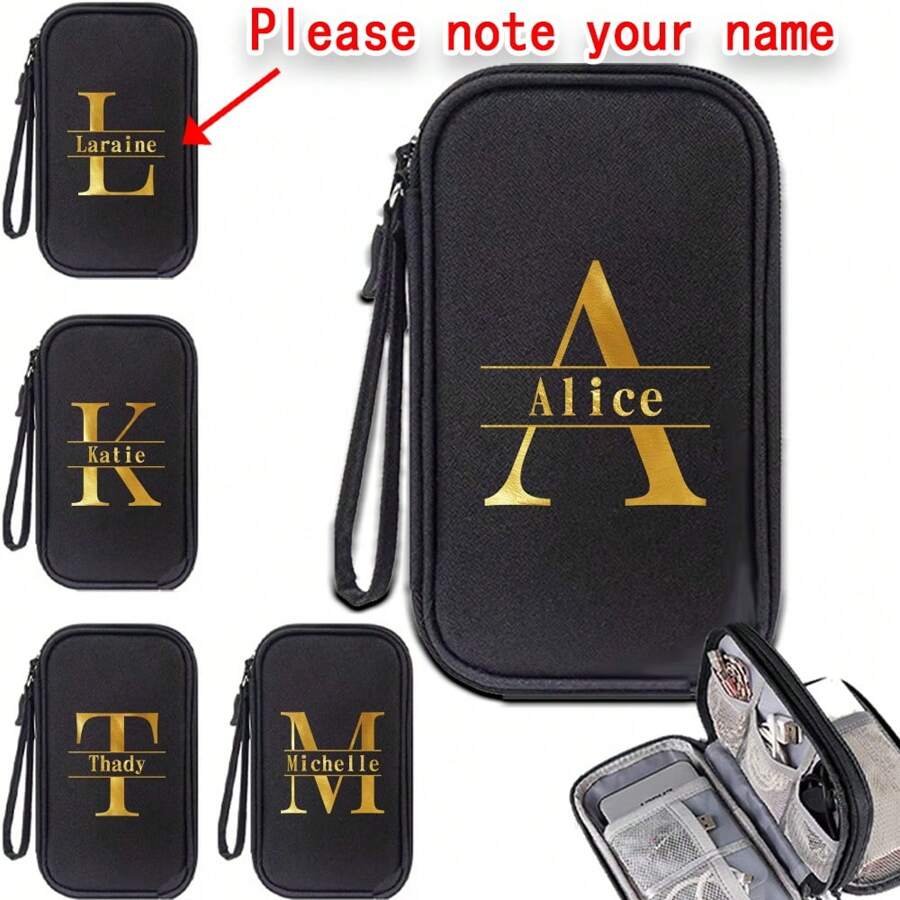 Free Customised Name Digital Storage Bag, Power Bank, Mouse, Charger, Data Cable, Mobile Power, Hard Drive Case, Protective Cover, Travel Cord Storage Pouch For Electronics And Organizer Bag Portable Cable Management For Travel And Home - Black - View 1