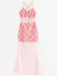 Vestido Midi com Recorte Floral Sem Costas para Mulheres, Vestido de Verão Sexy de Tule Justo com Bainha Sereia