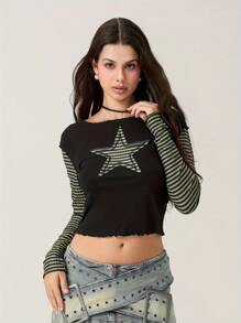 Women T-Shirt Long Sleeve Crew Neck Star Stripes Slim Fit Ladies Tops For Casual Daily