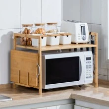 Étagère micro-ondes, support micro-ondes en bambou, support micro-ondes avec support pour planche à découper et 4 crochets, support micro-ondes multifonctionnel en bois pour cuisines, 52 x 30 x 35 cm