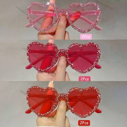 Heart Shaped Frameless Rhinestone Decoration Glasses Fashionable Fashion Brand Crystal Shiny Shades Women Stylish Heart Decor Oversize Candy Color Beach Sun Glasses For Women Suitable Masquerade Parties Festivals